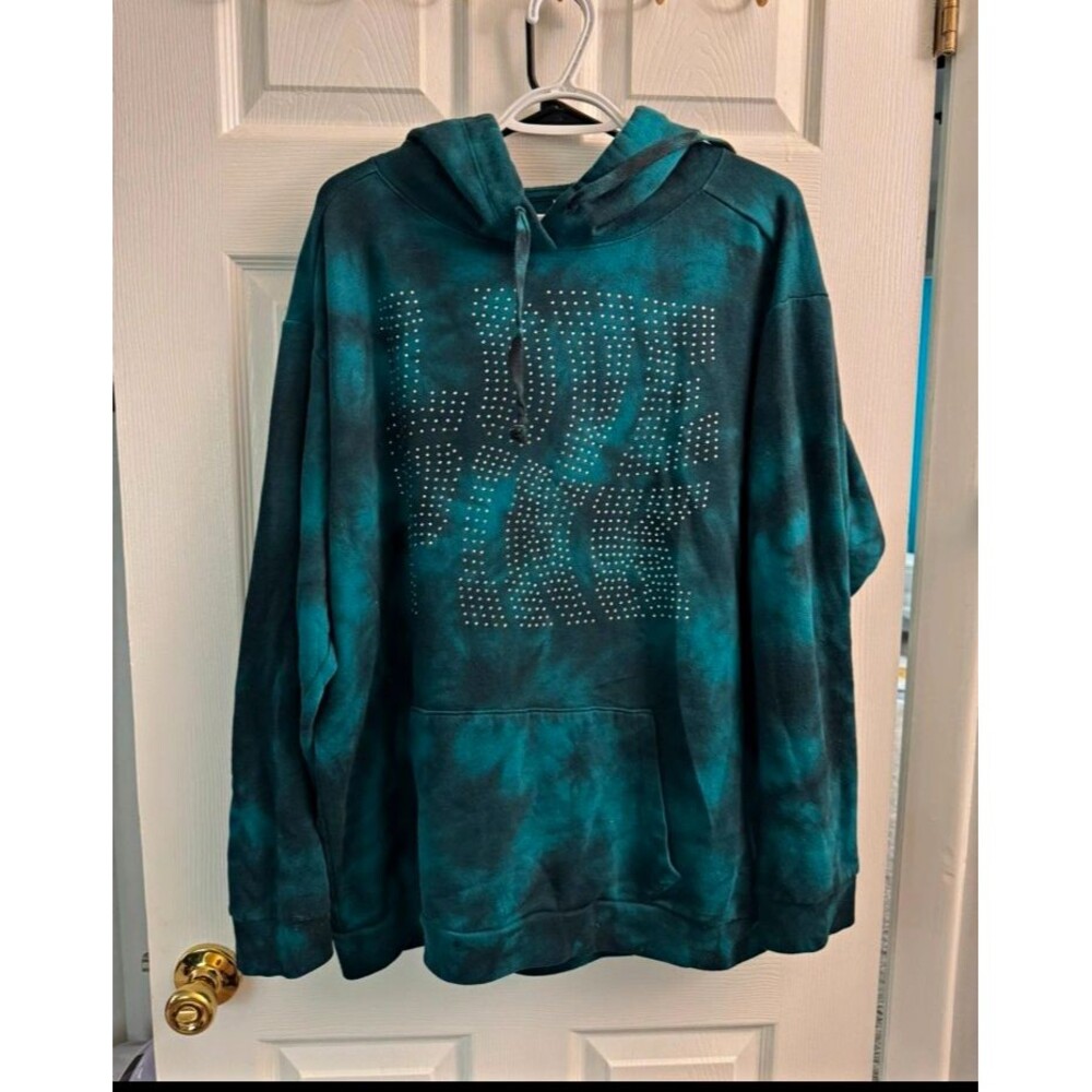 Victoria's Secret PINK Women's XL Teal/Black Tie-Dye Rhinestone Logo Hoodie